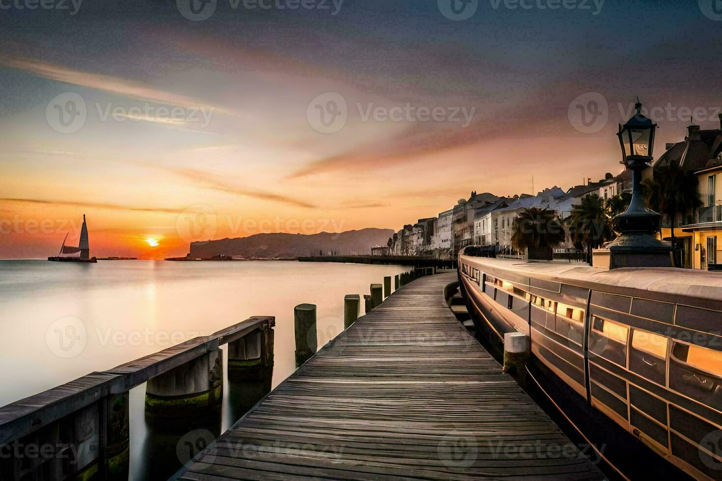 a wooden pier with a boat docked at sunset. AI-Generated photo