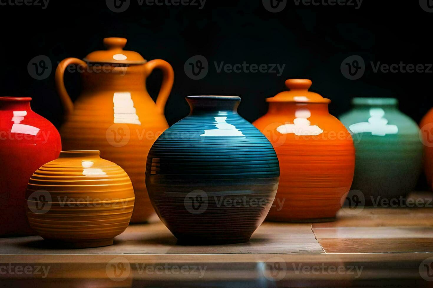 a group of colorful vases on a table. AI-Generated photo
