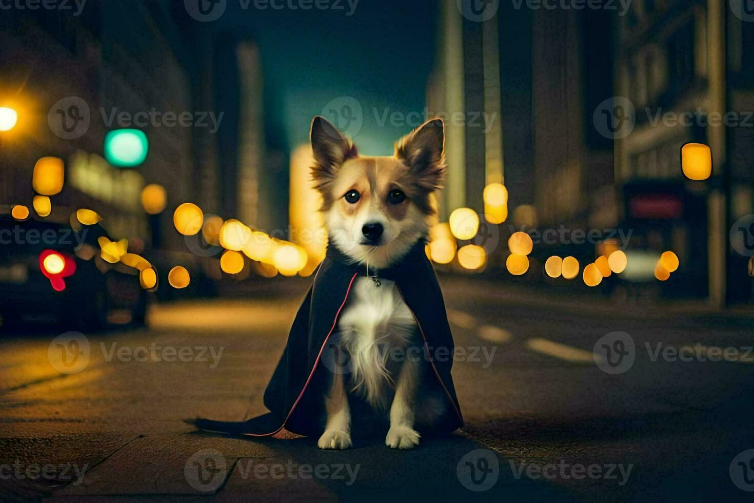 a dog dressed as a vampire sits on the street at night. AI-Generated photo