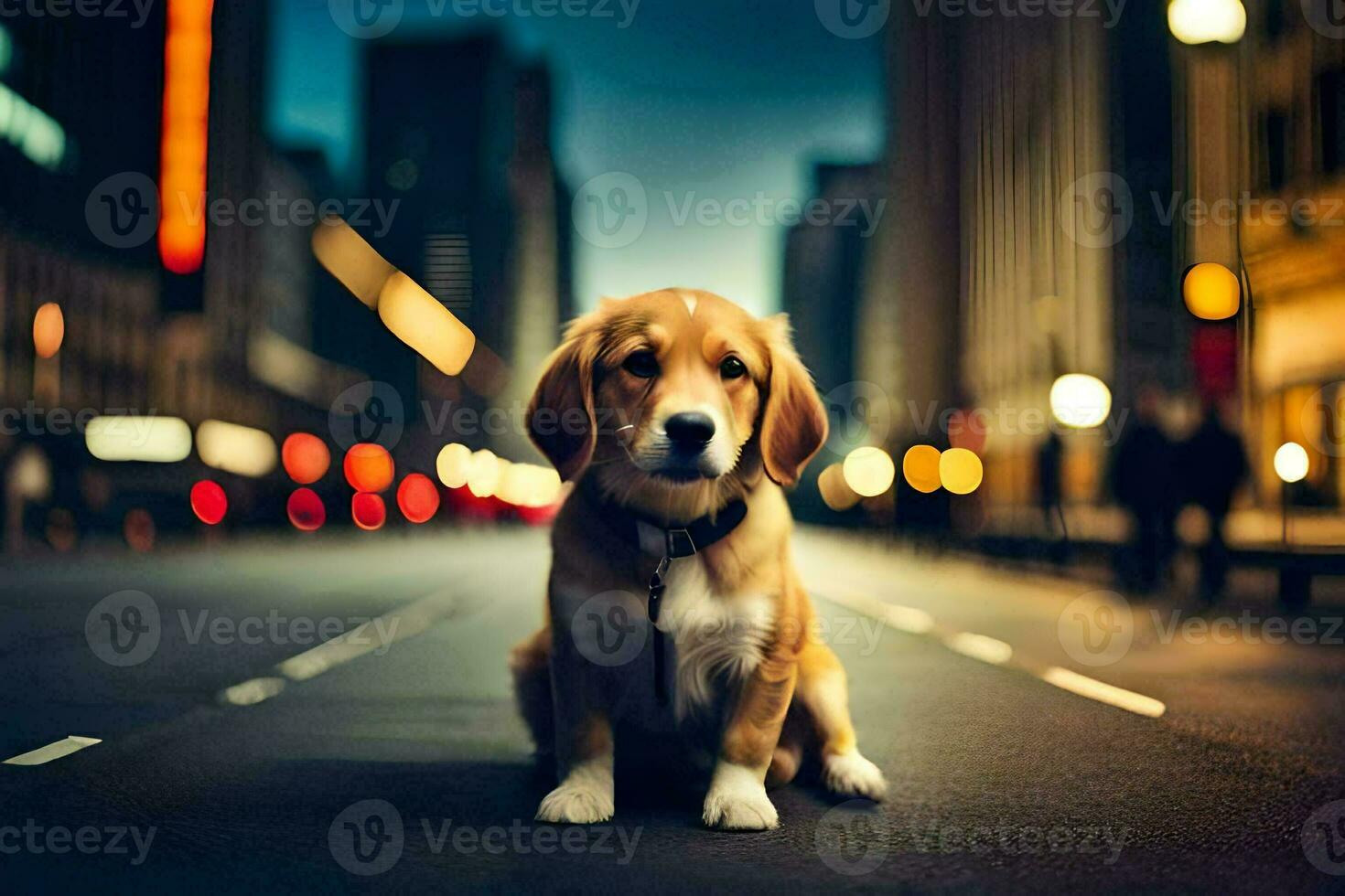 a dog sitting on the street at night. AI-Generated photo
