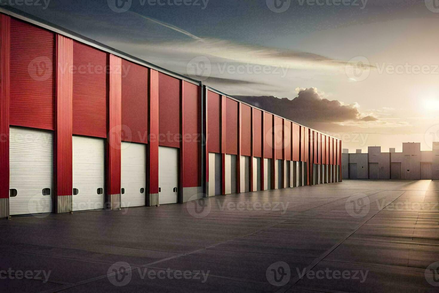 a row of red and white storage buildings. AI-Generated photo