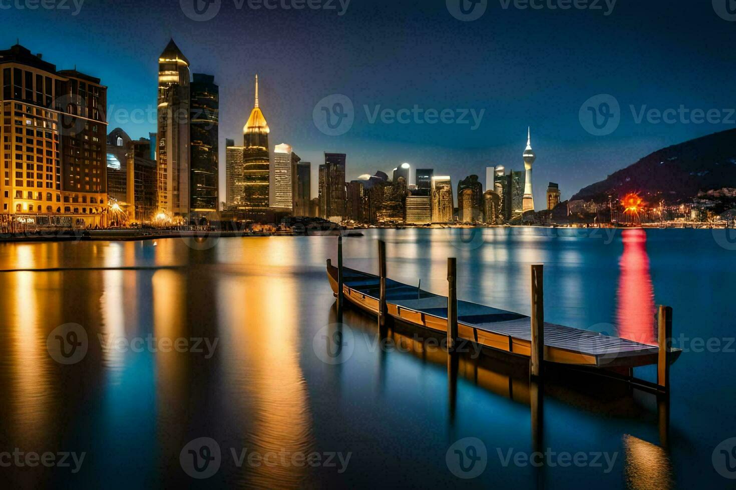 a boat sits on the water in front of a city skyline. AI-Generated photo