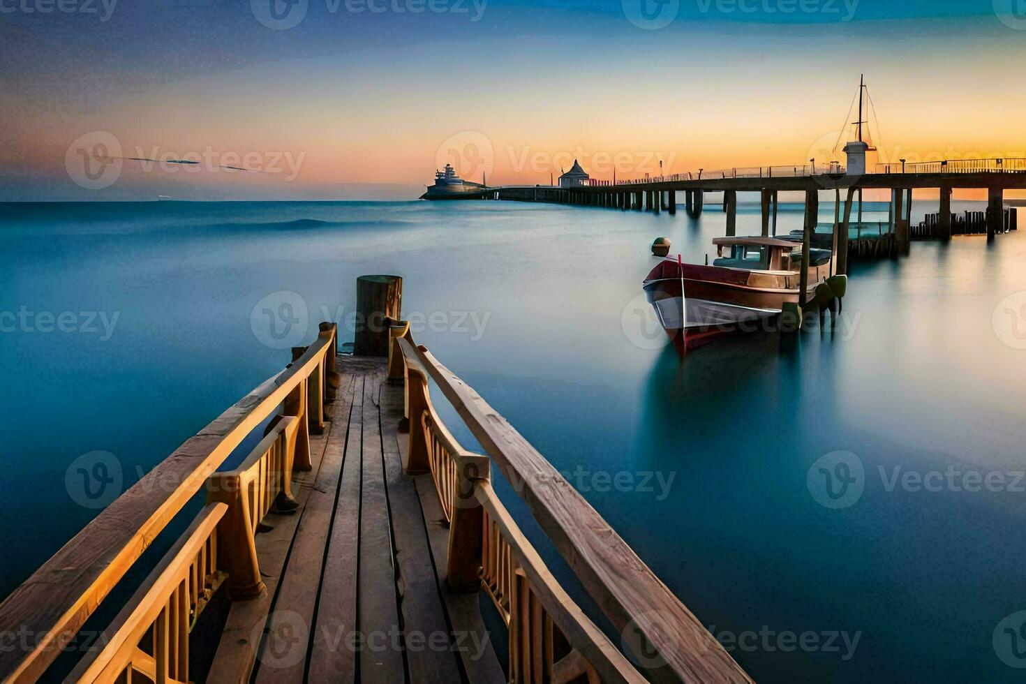 a boat docked at the pier at sunset. AI-Generated photo