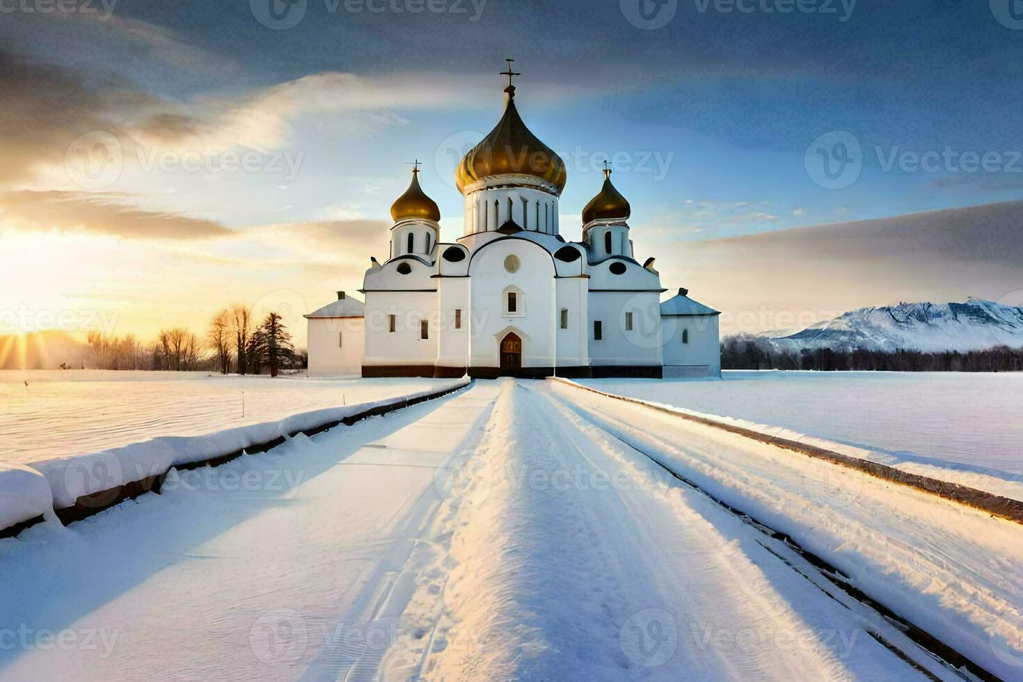 a church in the snow with a road leading to it. AI-Generated photo