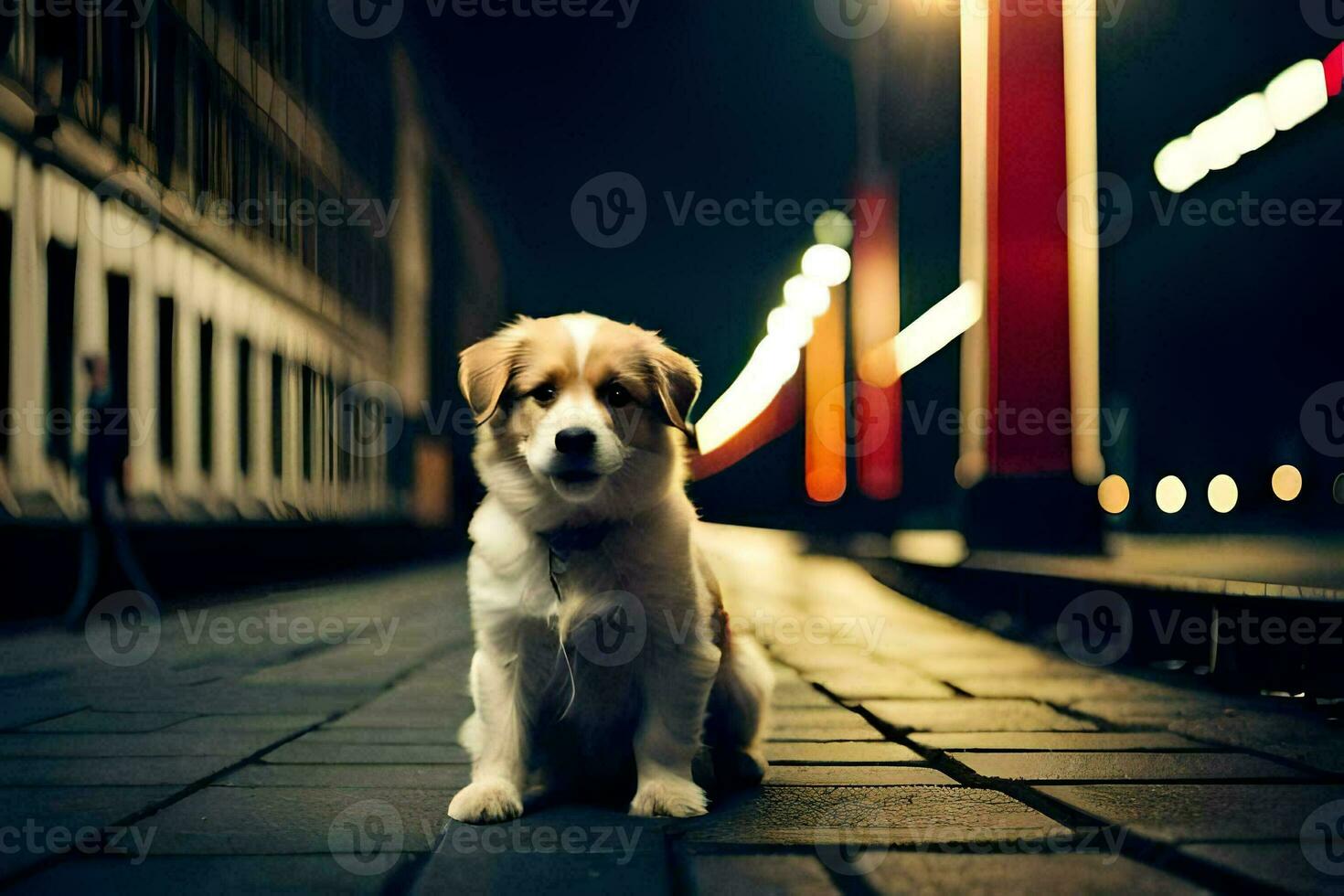 a dog sitting on a street at night. AI-Generated photo