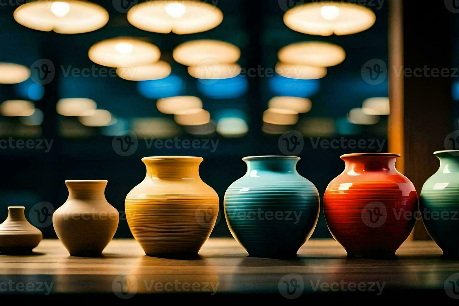 a row of colorful vases on a table. AI-Generated photo