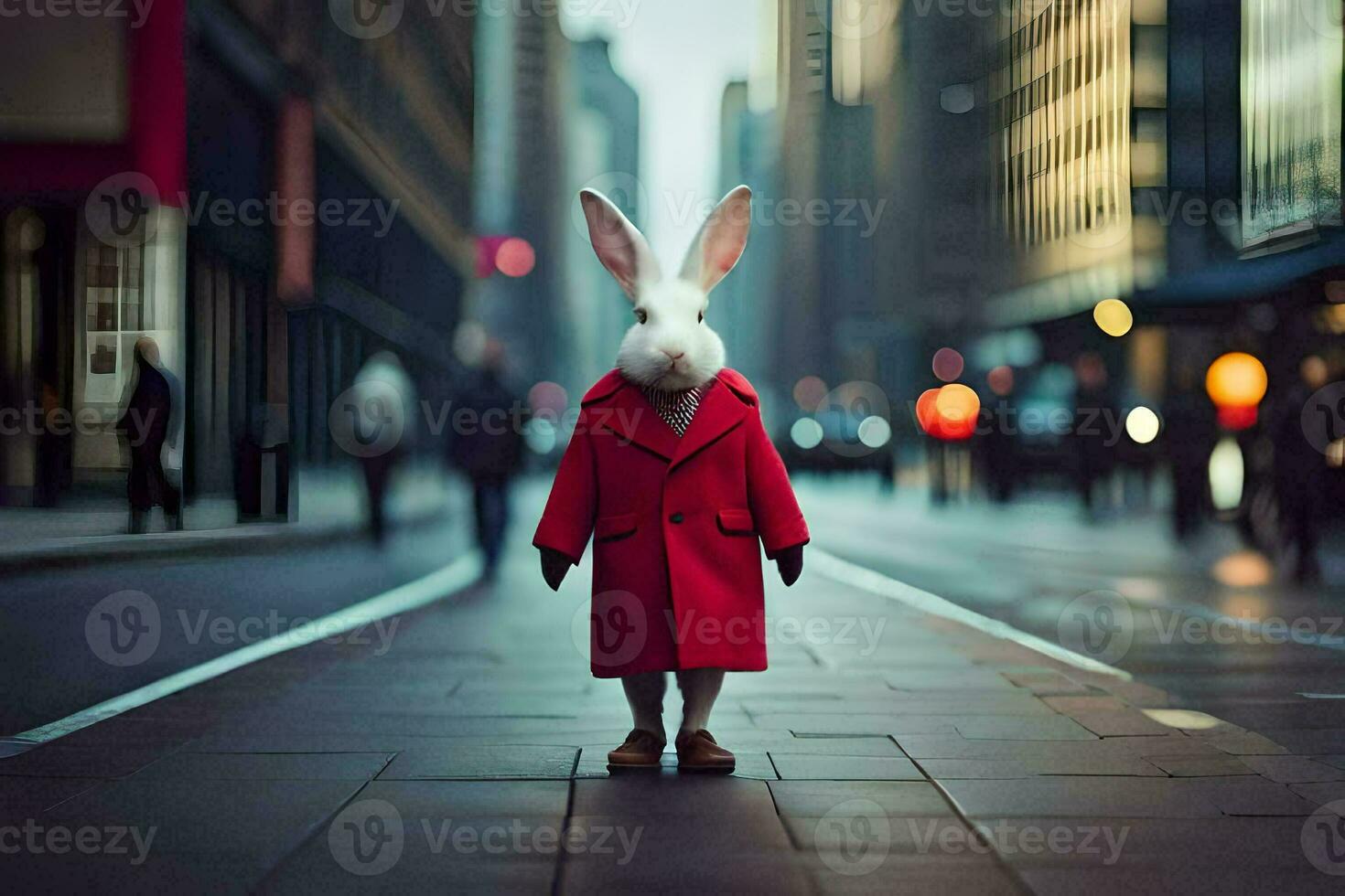 a rabbit wearing a red coat and standing on a city street. AI-Generated photo