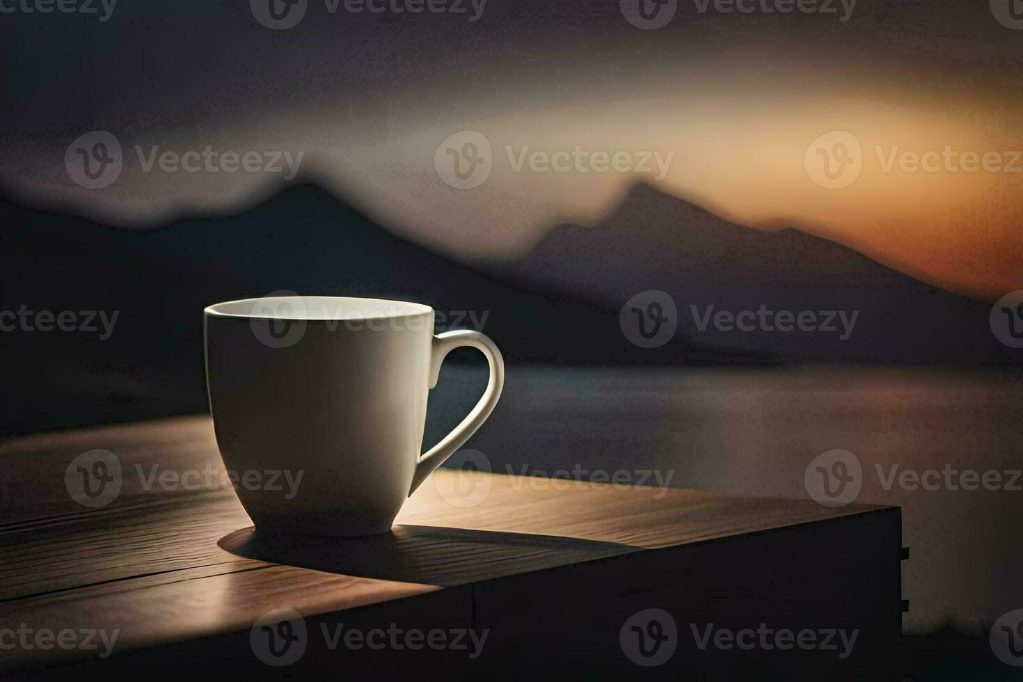 coffee cup on the table, the sun, mountains, the sea, the sea, the. AI-Generated photo