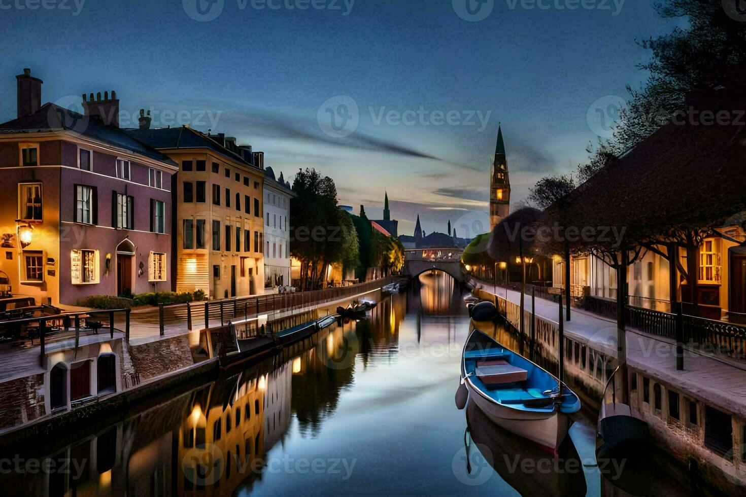 a canal in the middle of a city at dusk. AI-Generated photo