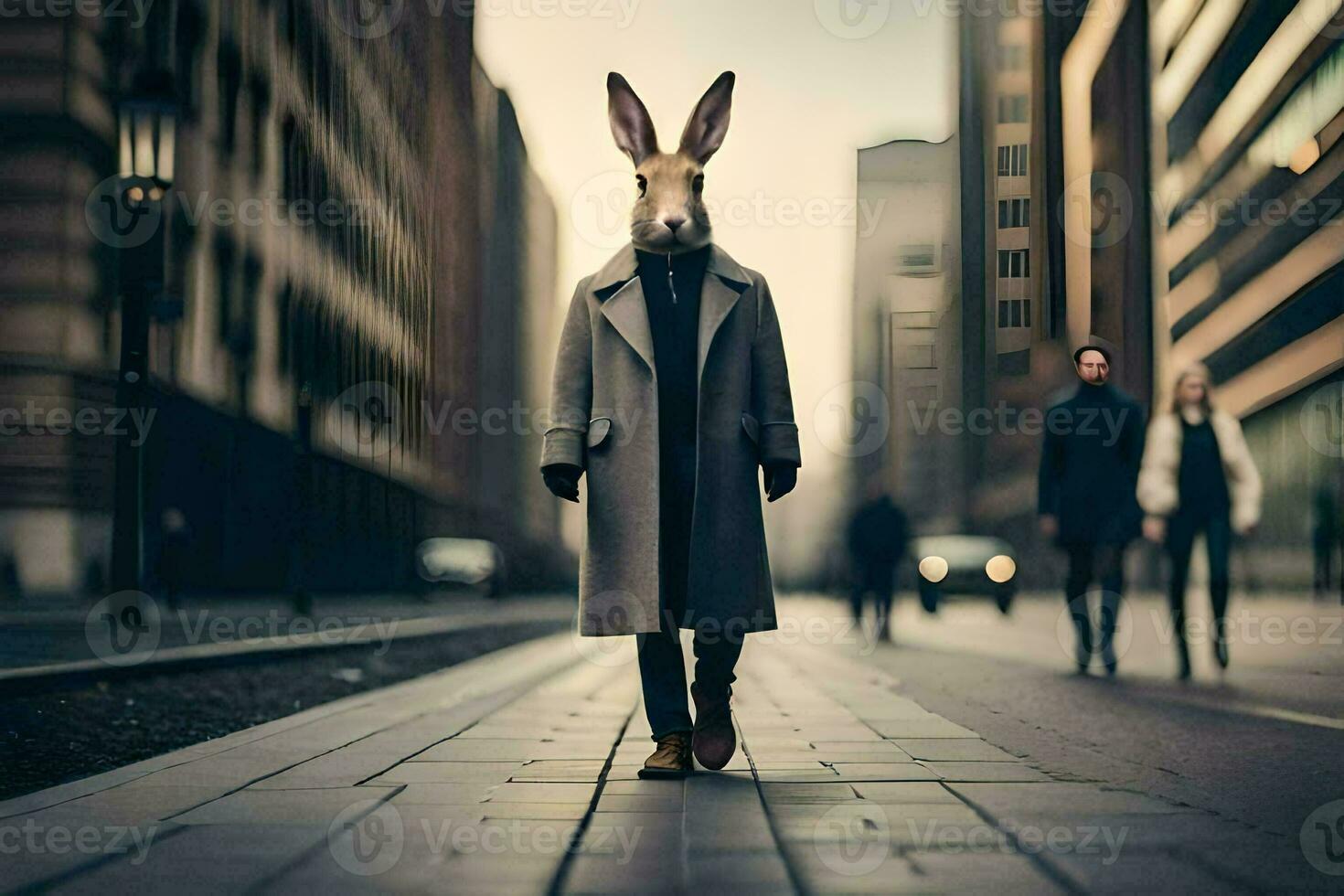 a rabbit wearing a coat and hat on a city street. AI-Generated photo