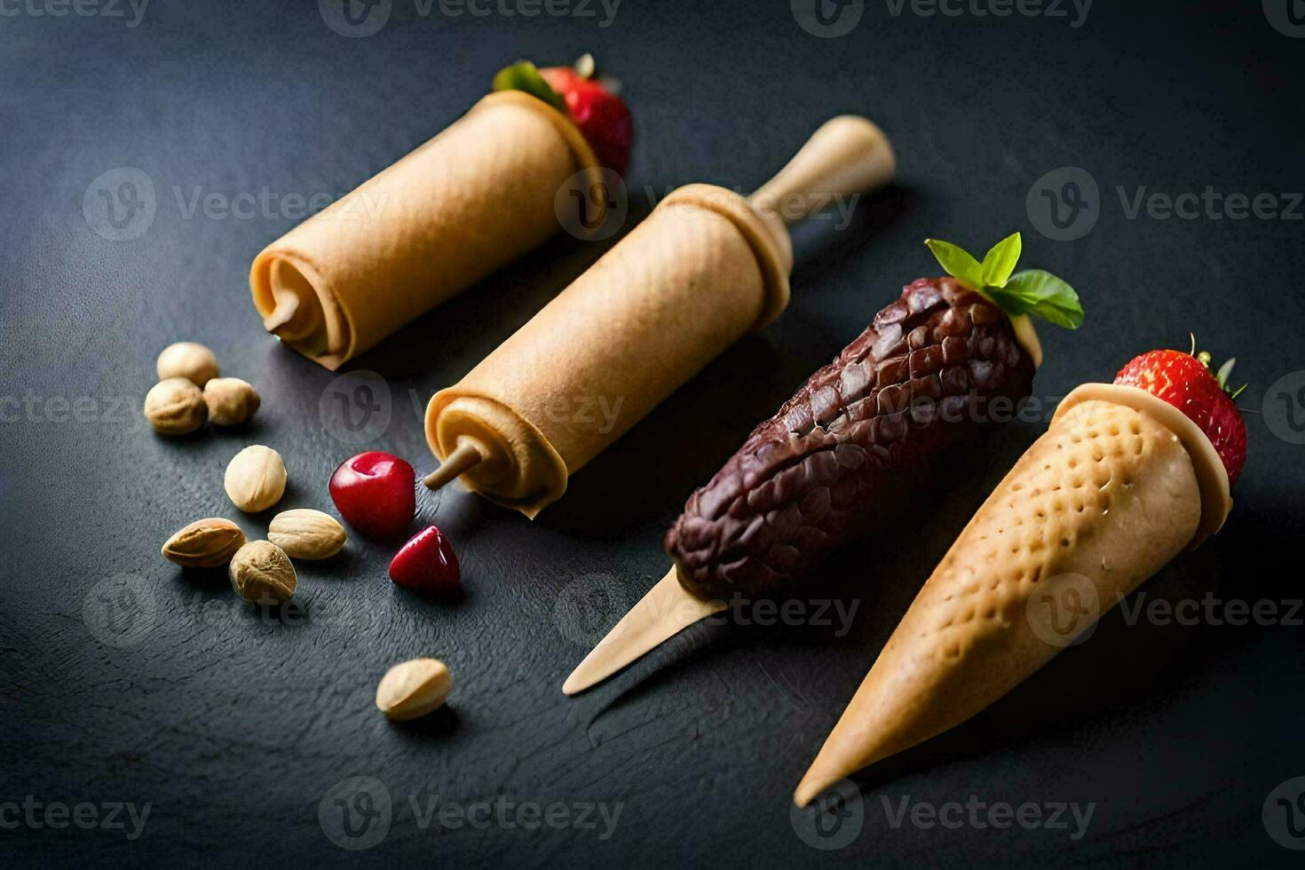 three ice cream cones with chocolate, nuts and strawberries. AI-Generated photo