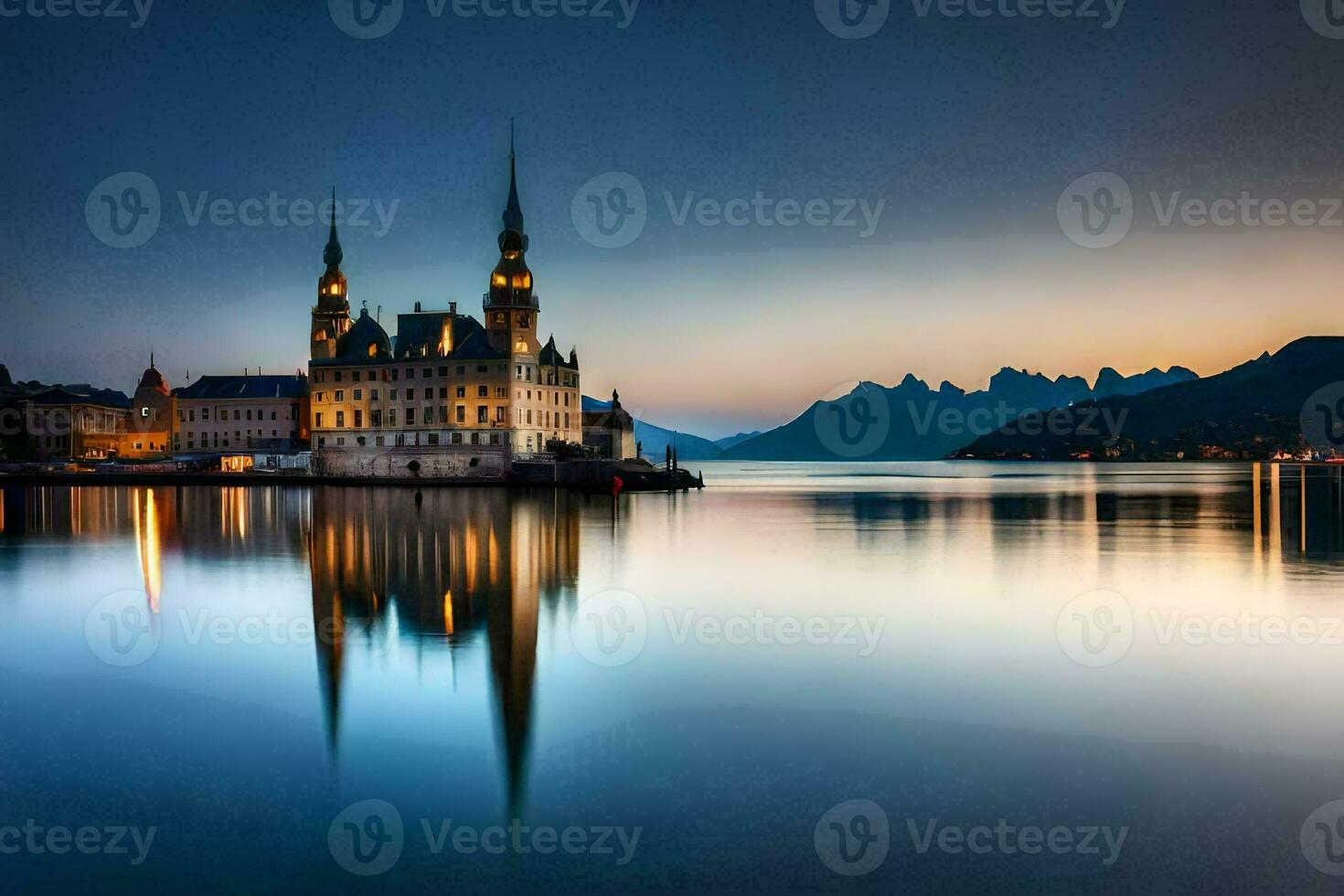 a castle sits on the shore of a lake at dusk. AI-Generated photo