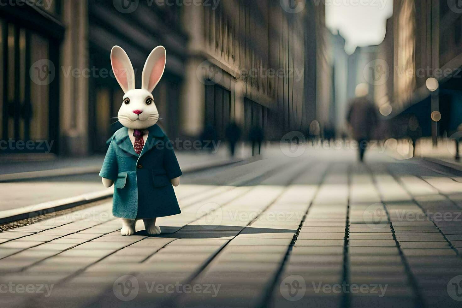 a rabbit wearing a suit and tie standing on a street. AI-Generated photo