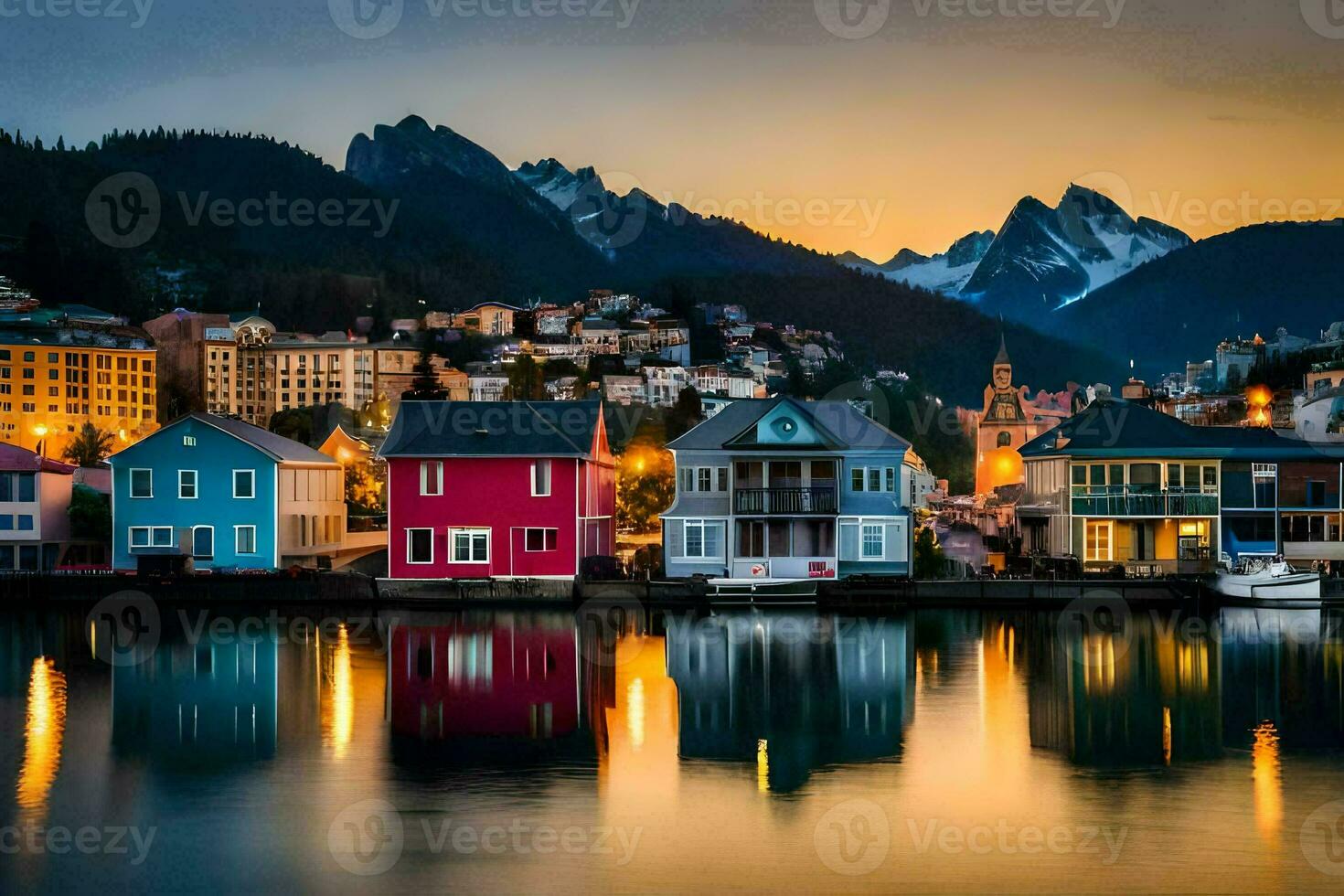 colorful houses on the water at dusk in the mountains. AI-Generated photo