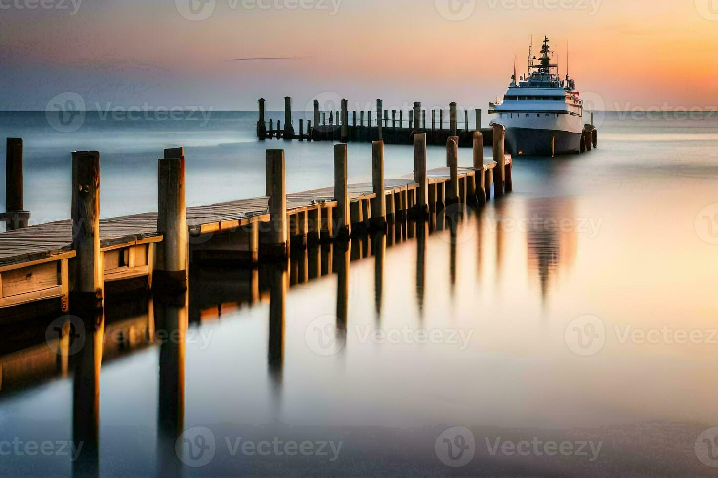 a boat docked at the end of a dock at sunset. AI-Generated photo
