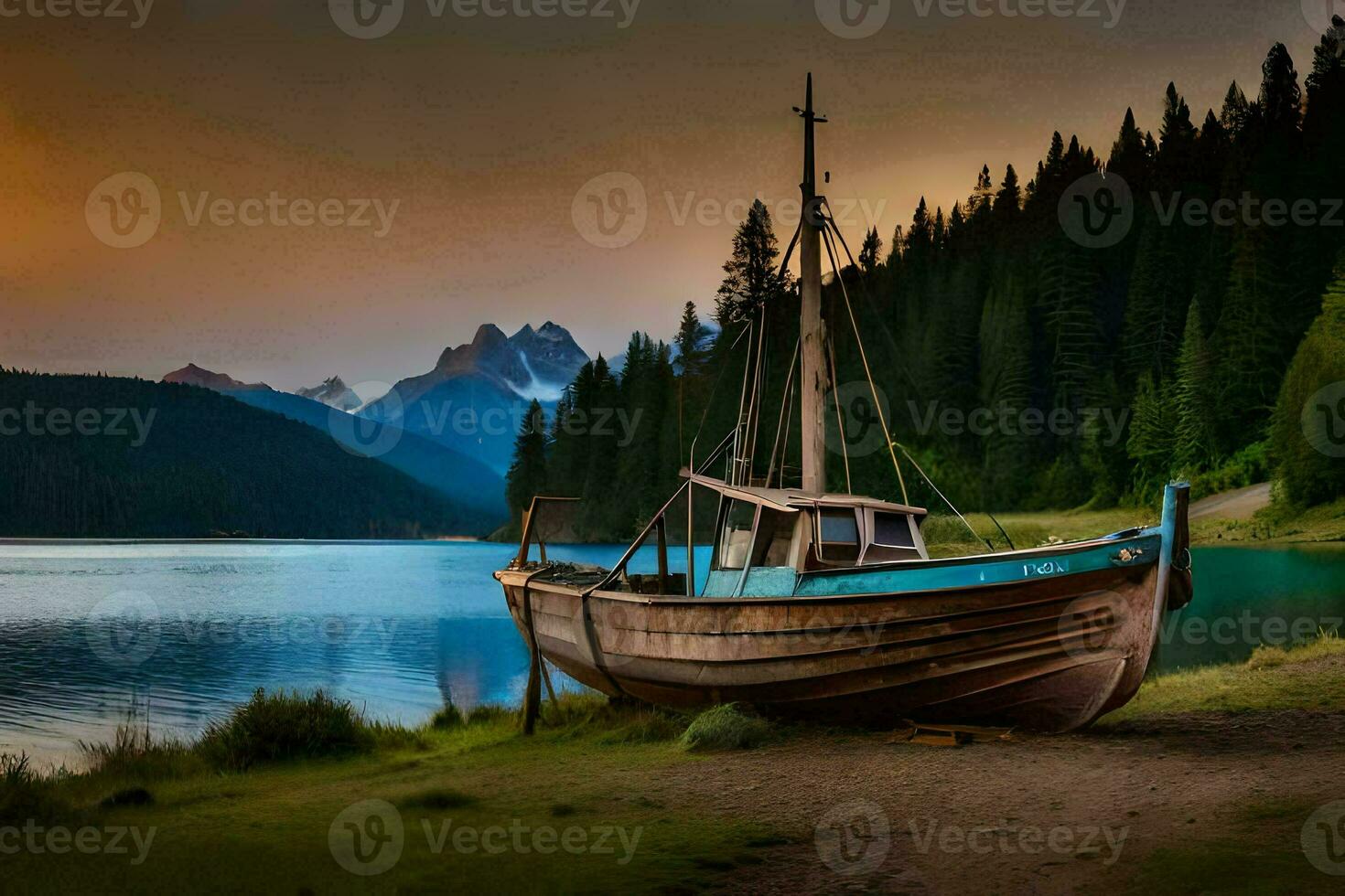 a boat sits on the shore of a lake at sunset. AI-Generated photo