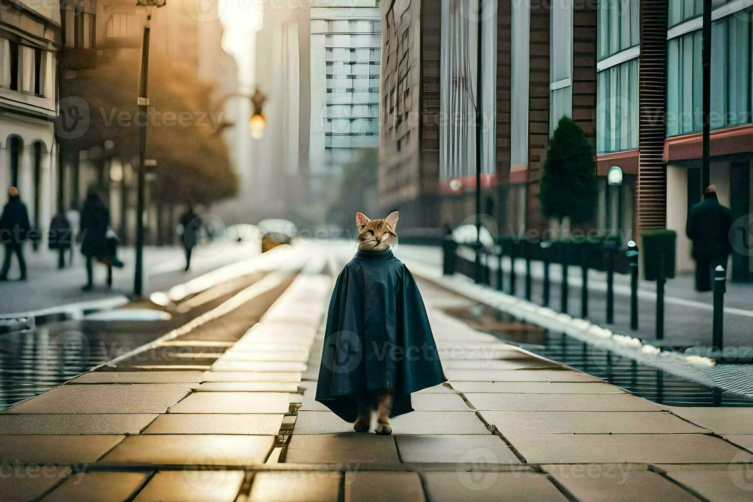 un gato en un capa caminando abajo un ciudad calle. generado por ai foto