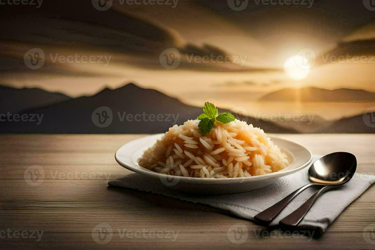 the rice is served in a bowl with a spoon and fork on a wooden table. AI-Generated photo