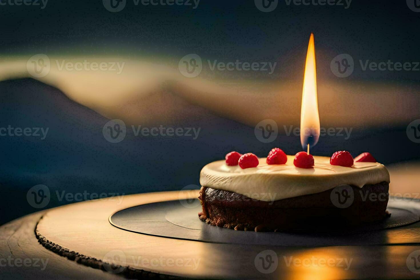 a single candle is lit on a cake with mountains in the background. AI-Generated photo
