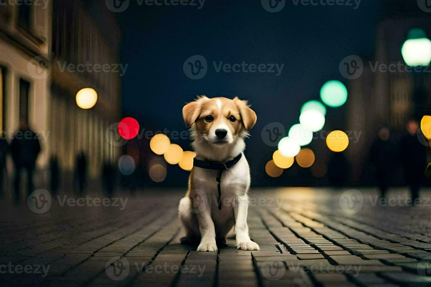 a dog sitting on a brick road at night. AI-Generated photo