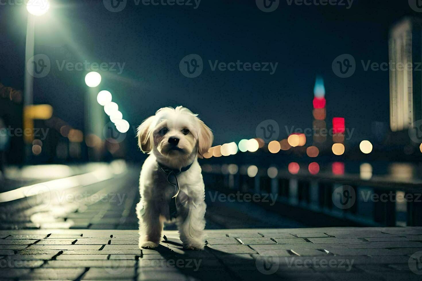 a small dog standing on a sidewalk at night. AI-Generated photo