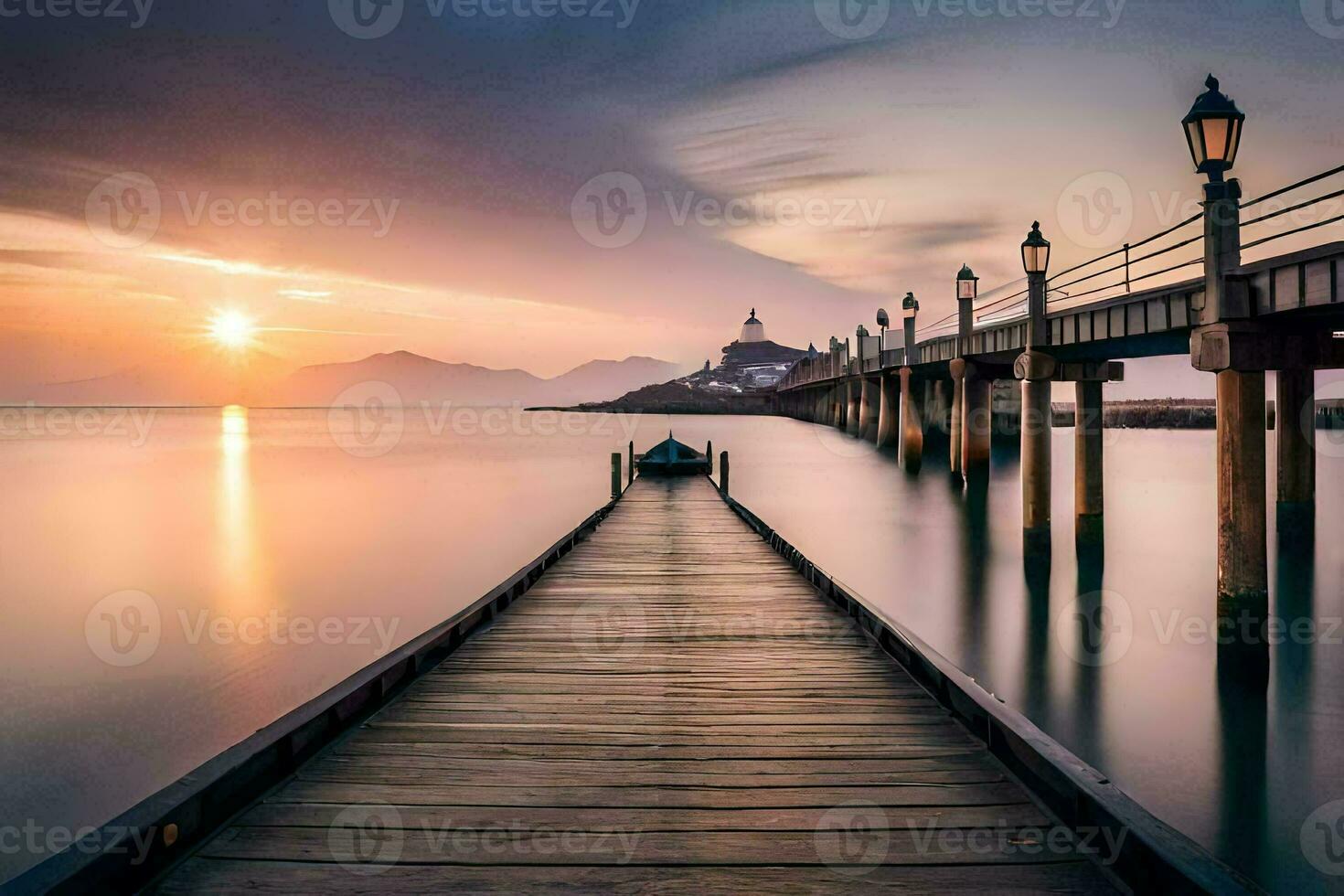 a pier with a long wooden pier stretching out into the ocean. AI-Generated photo