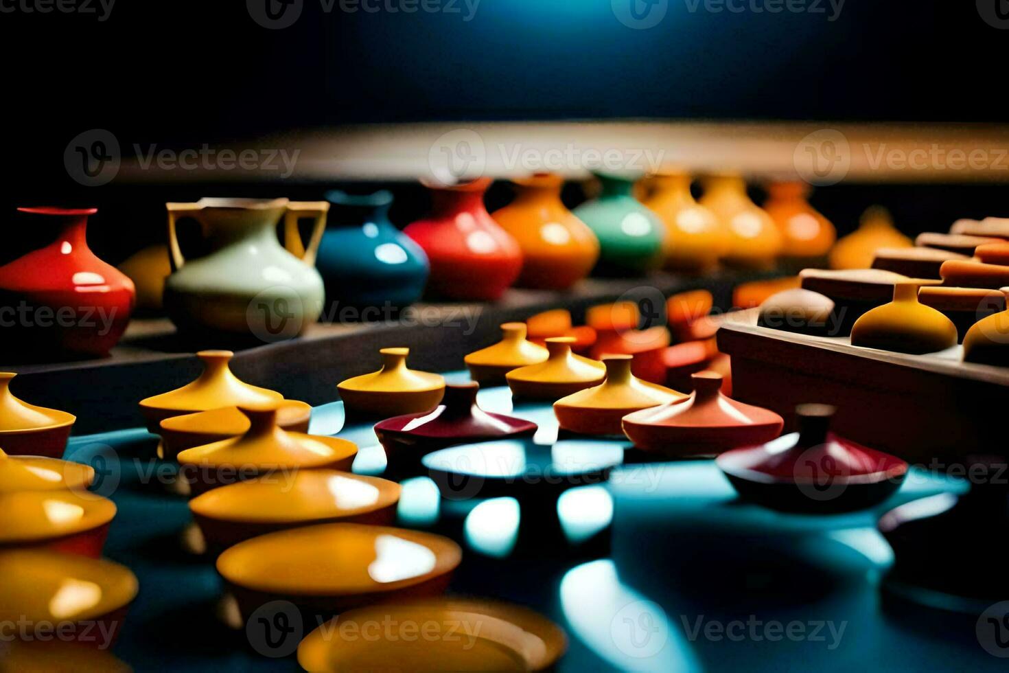 colorful vases and bowls sit on a table. AI-Generated photo