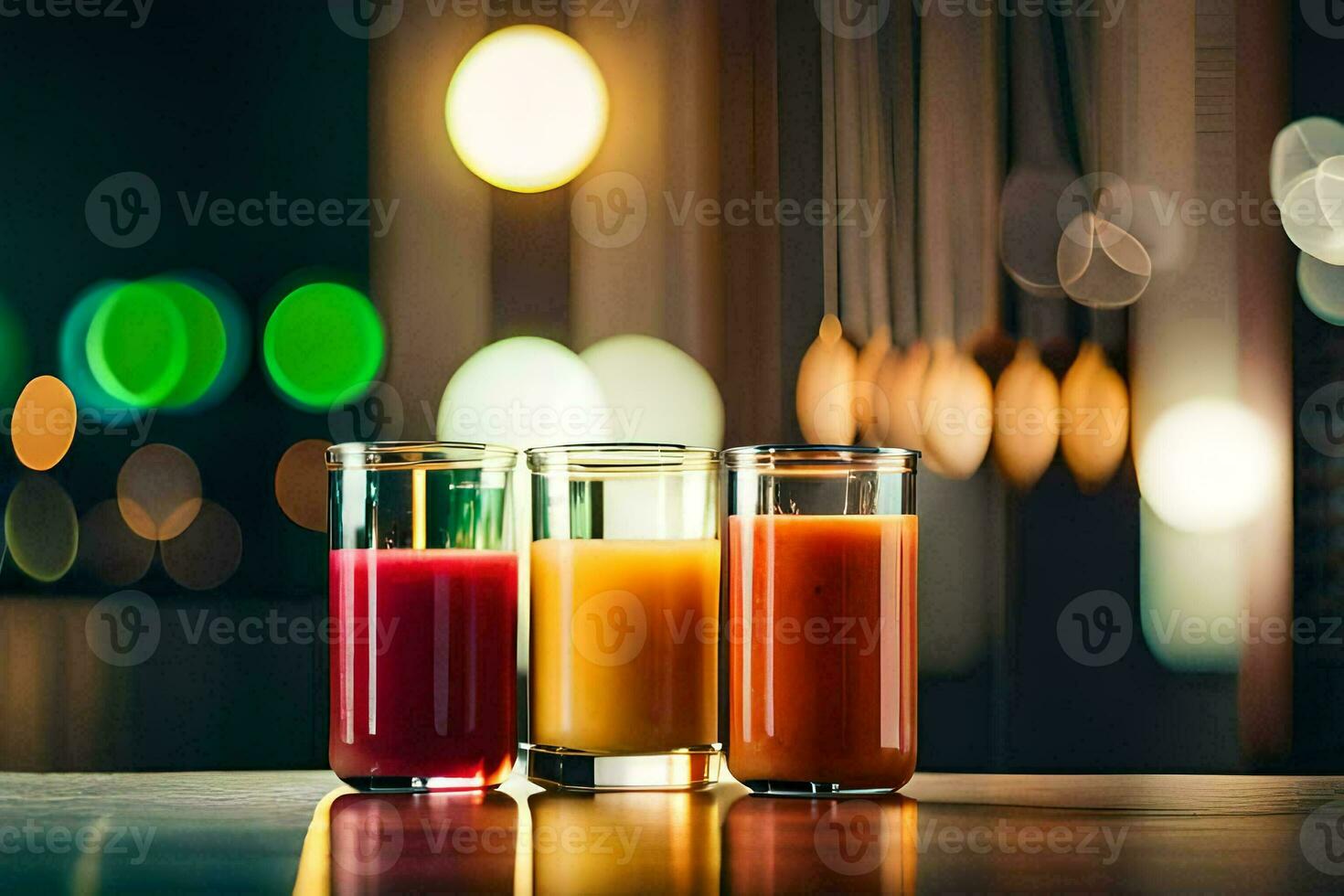 three glasses of juice on a table in front of a blurred background. AI-Generated photo