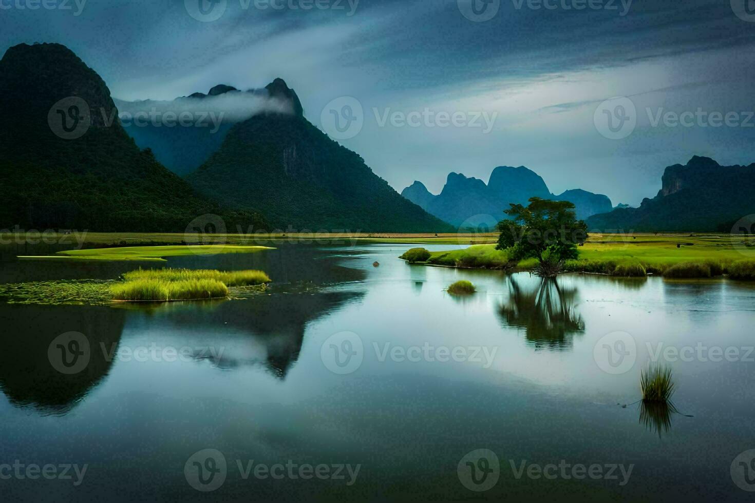 the mountains are reflected in the water. AI-Generated photo
