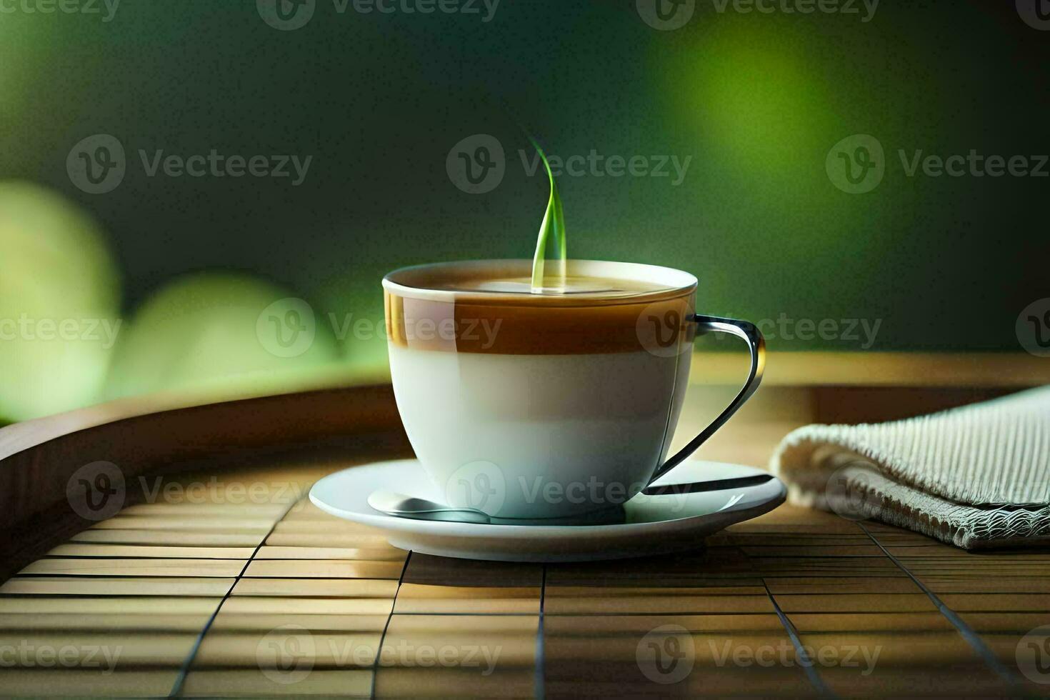 the coffee cup, the green, the saucer, the saucer, the saucer,. AI-Generated photo