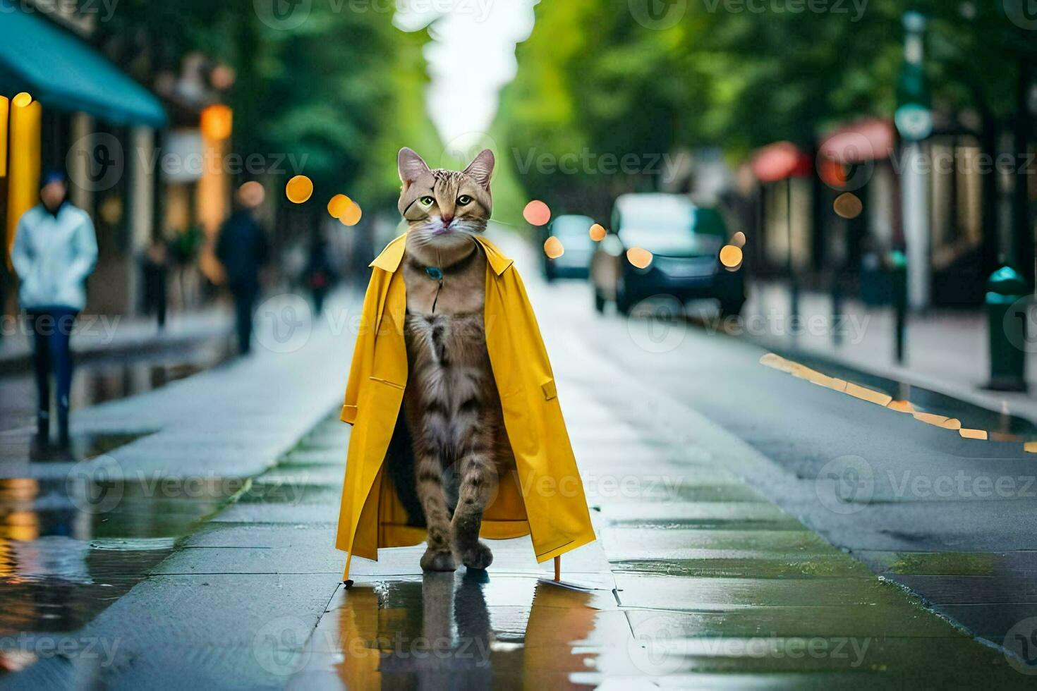 un gato en un amarillo impermeable caminando abajo un calle. generado por ai foto