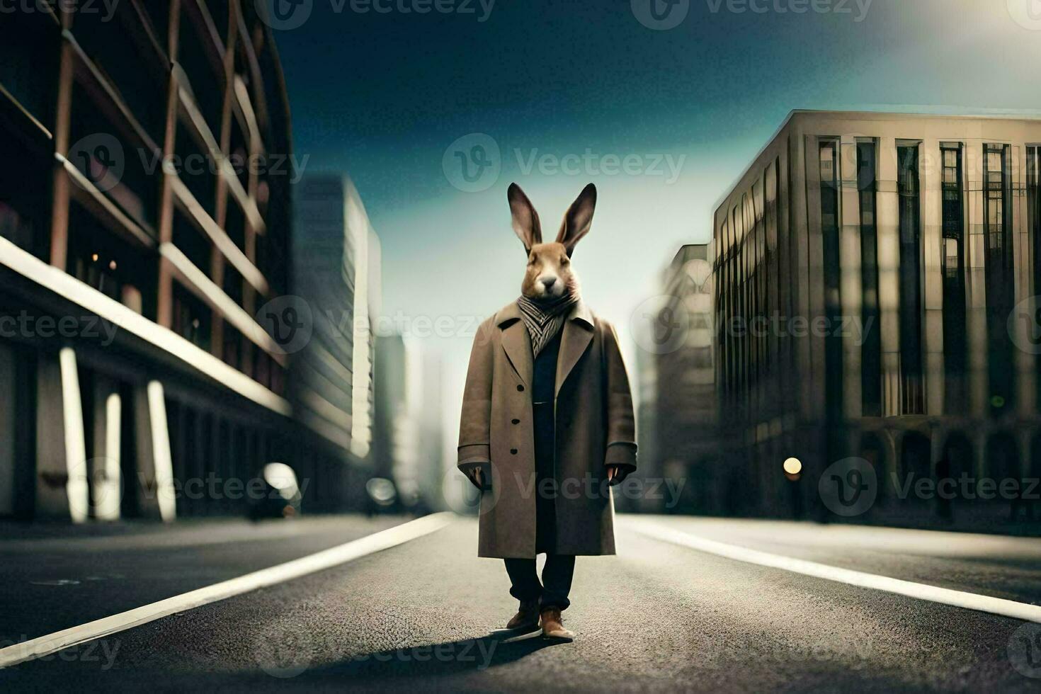 a rabbit wearing a coat and standing in the middle of a city street. AI-Generated photo
