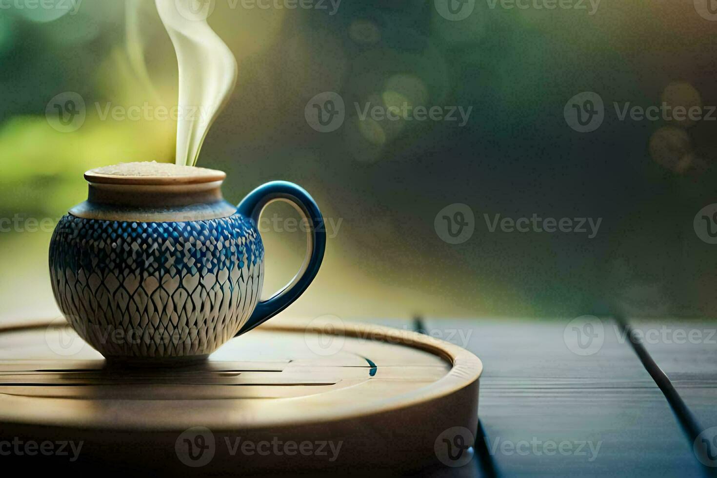 a blue and white mug with steam coming out of it. AI-Generated photo