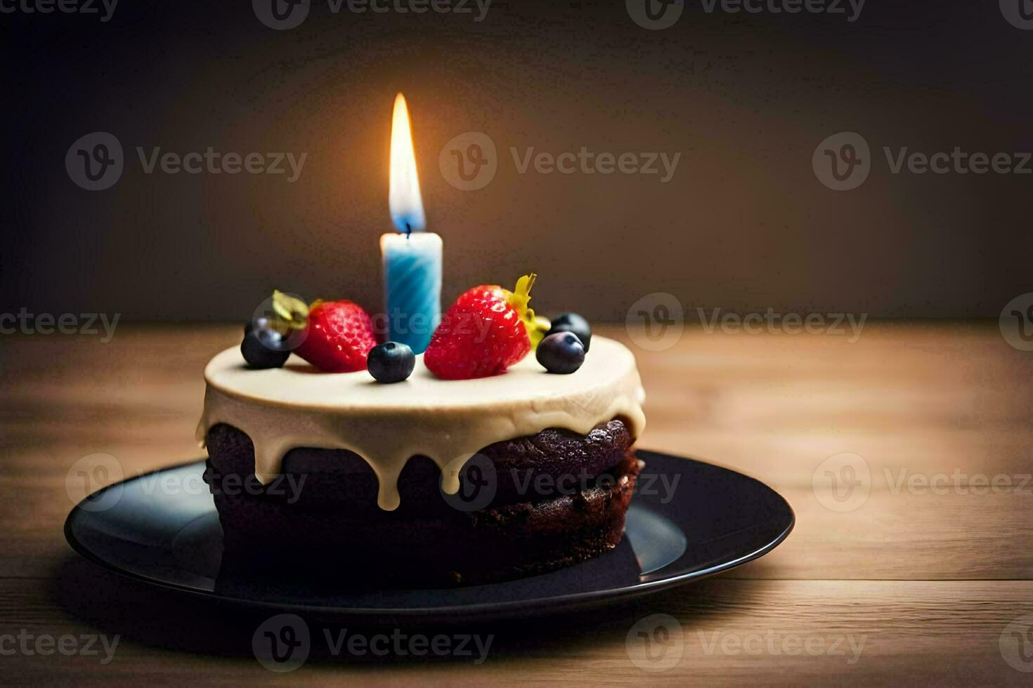 a birthday cake with a single candle on top. AI-Generated photo