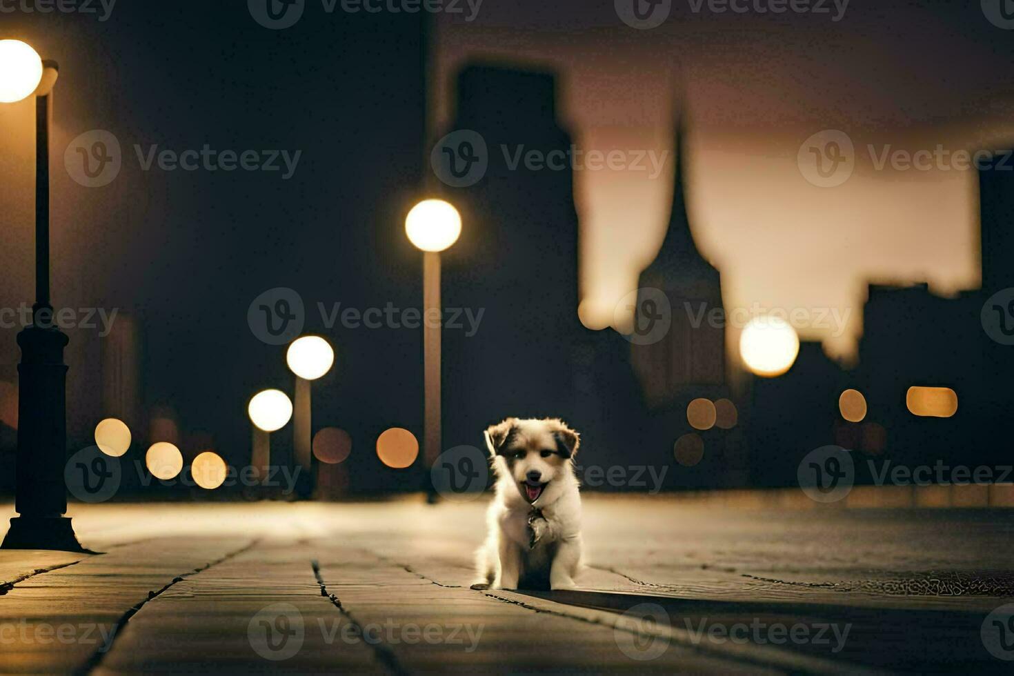 a dog sitting on the ground in front of a city at night. AI-Generated photo