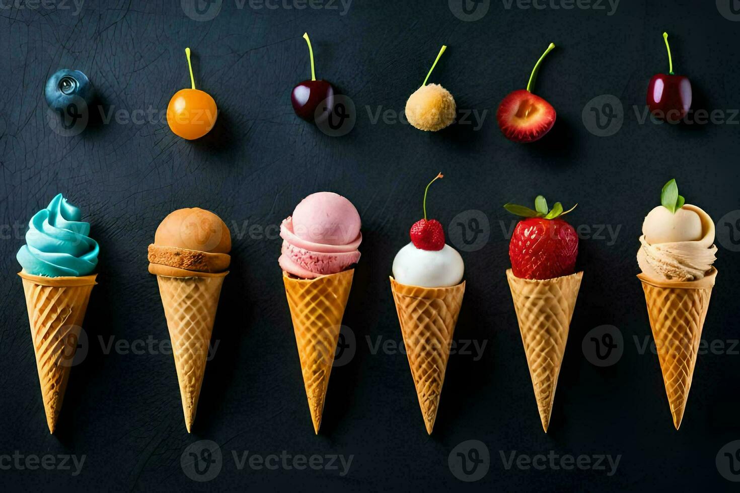 different types of ice cream in cones on a black background. AI