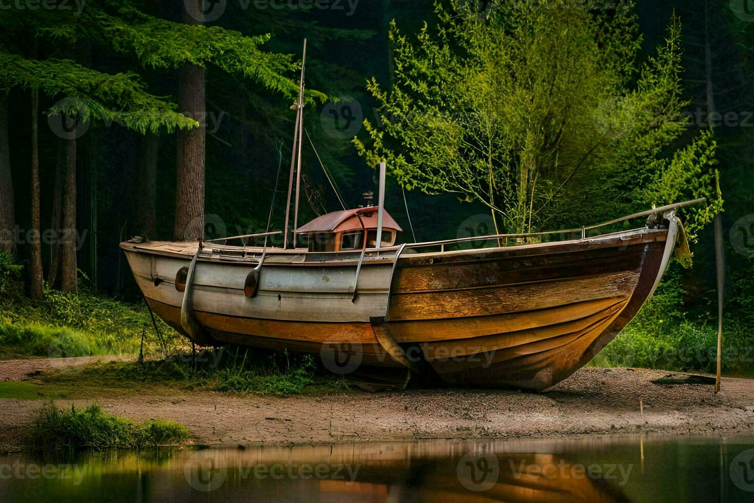 photo wallpaper forest, the trees, the boat, the water, the trees, the boat,. AI-Generated