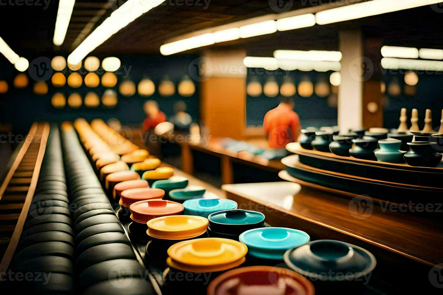 a row of colorful bowls in a store. AI-Generated photo