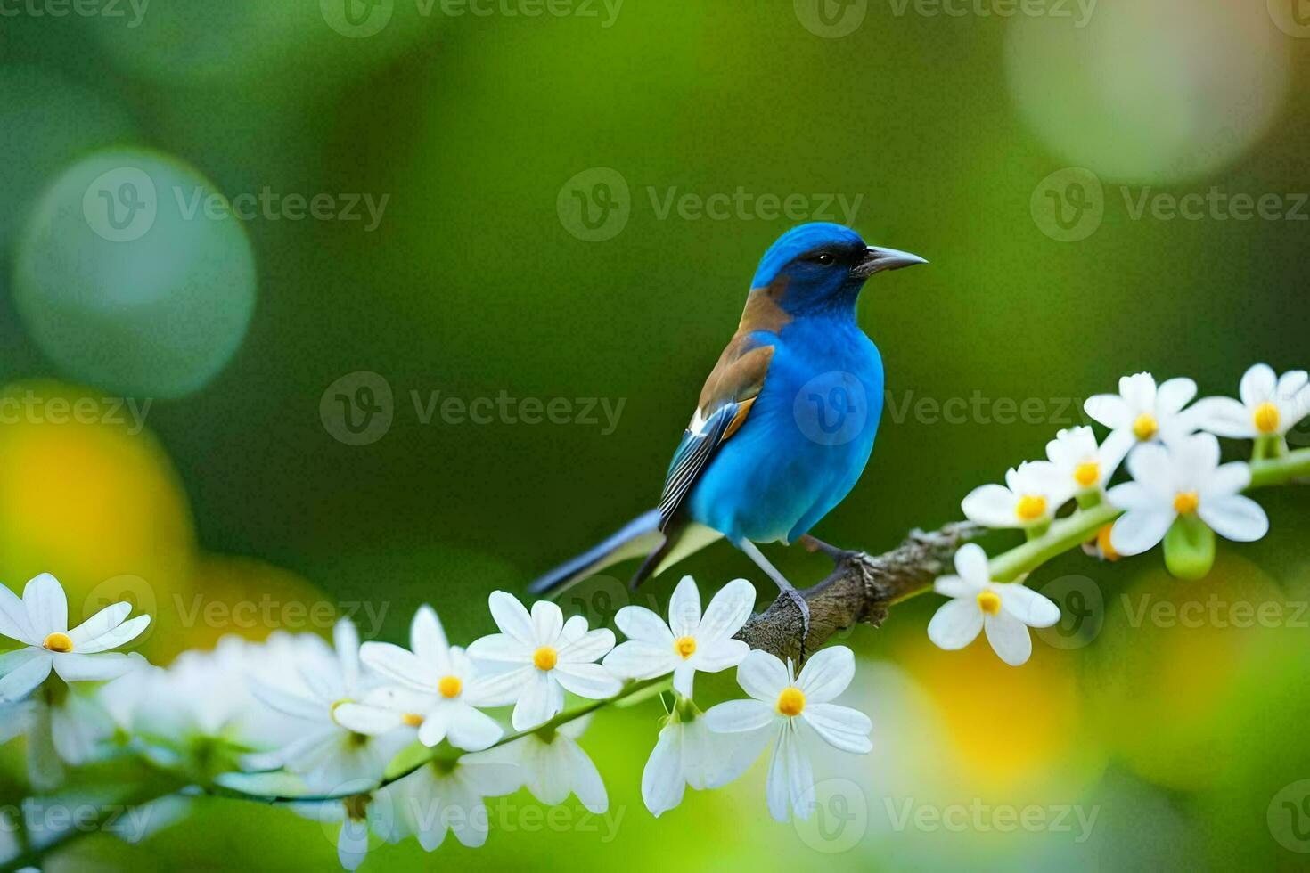 a blue bird sits on a branch with white flowers. AI-Generated photo