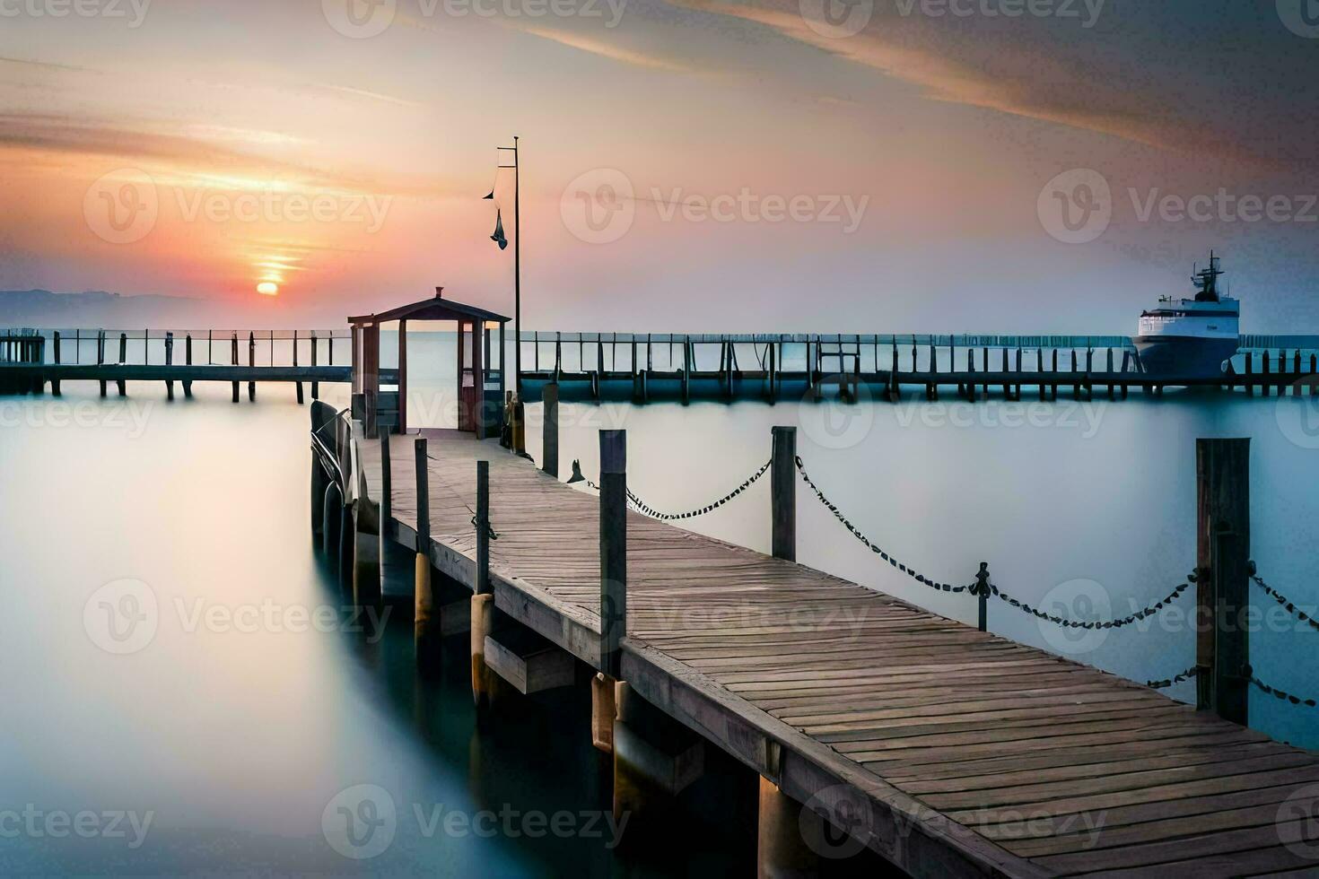 a pier with a boat at sunset. AI-Generated photo