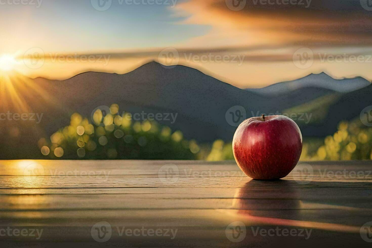 an apple sits on a table in front of a mountain. AI-Generated photo
