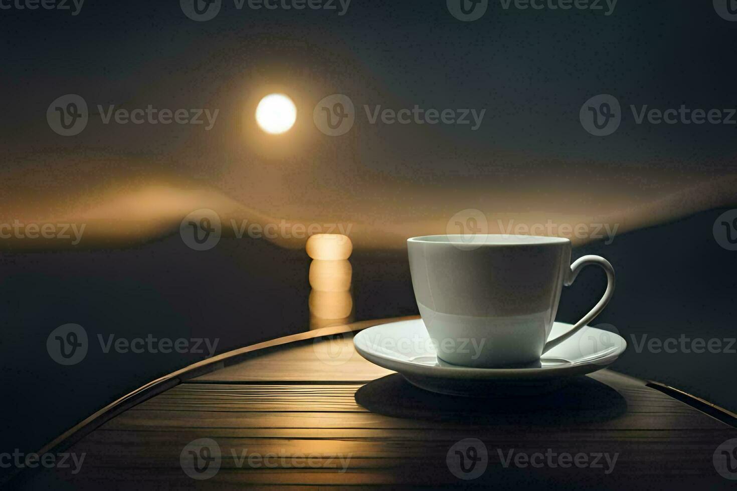 un taza de café en un mesa en frente de un lleno Luna. generado por ai foto