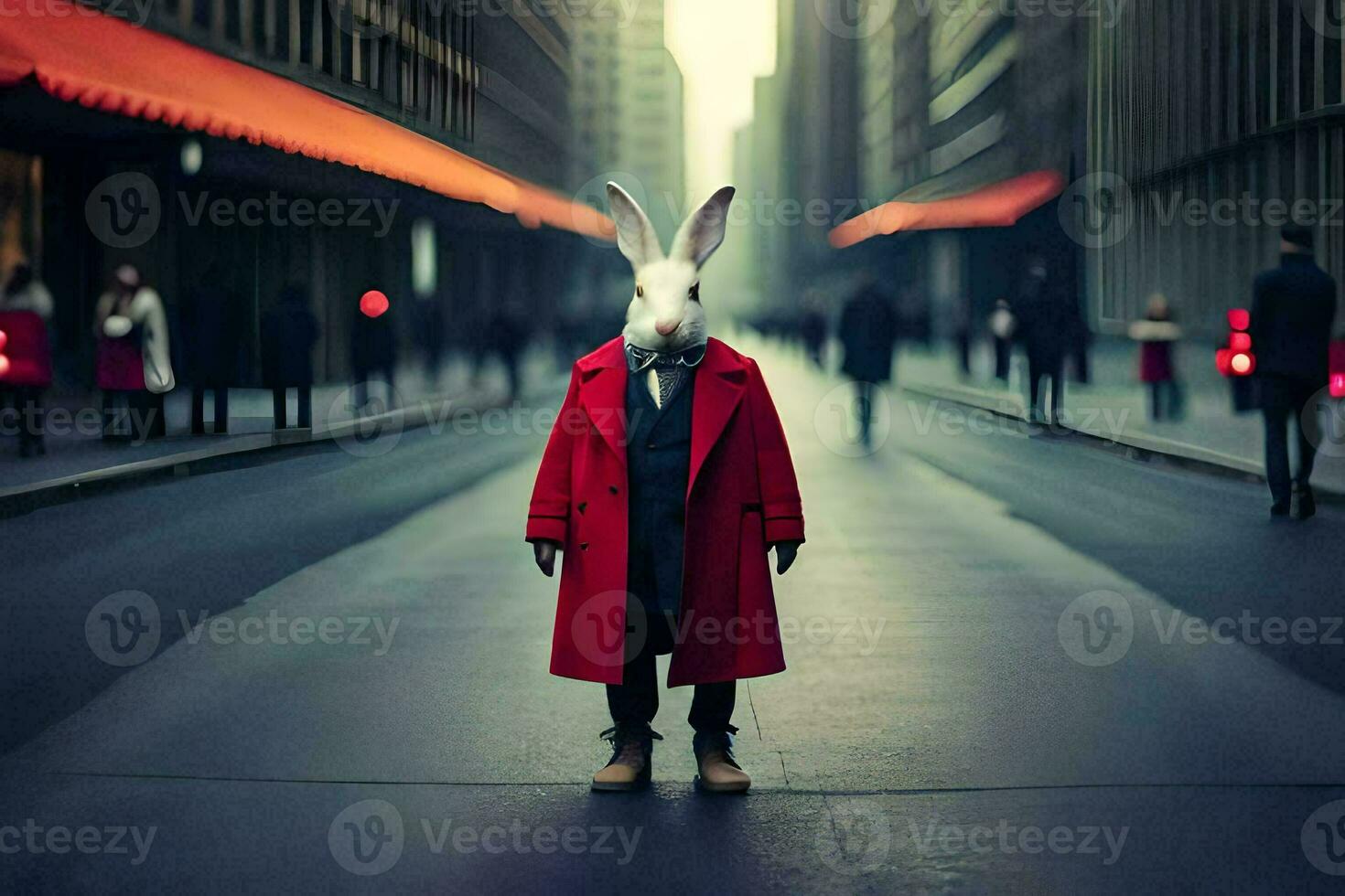 a rabbit wearing a red coat and a red hat stands in the middle of a city street. AI-Generated photo