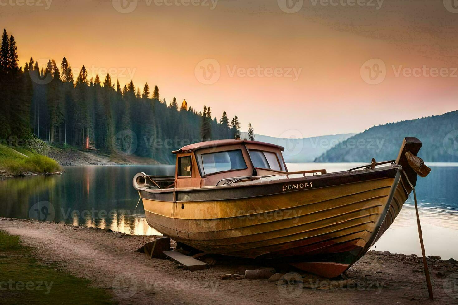 a boat sits on the shore of a lake at sunset. AI-Generated photo