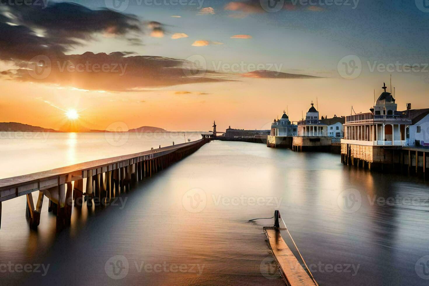 a pier with a long pier and a building in the background. AI-Generated photo