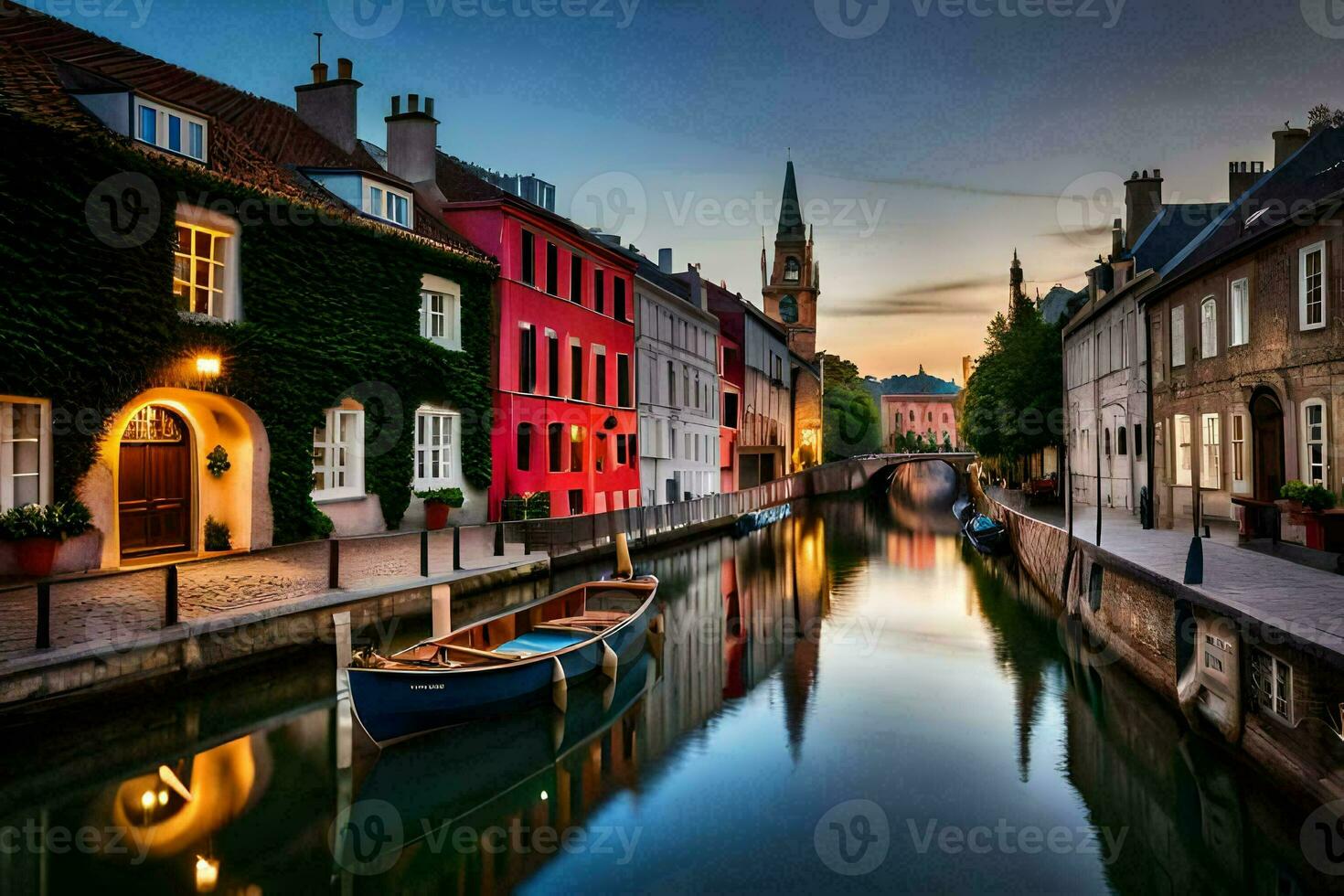 a boat is sitting on a canal in a city. AI-Generated photo