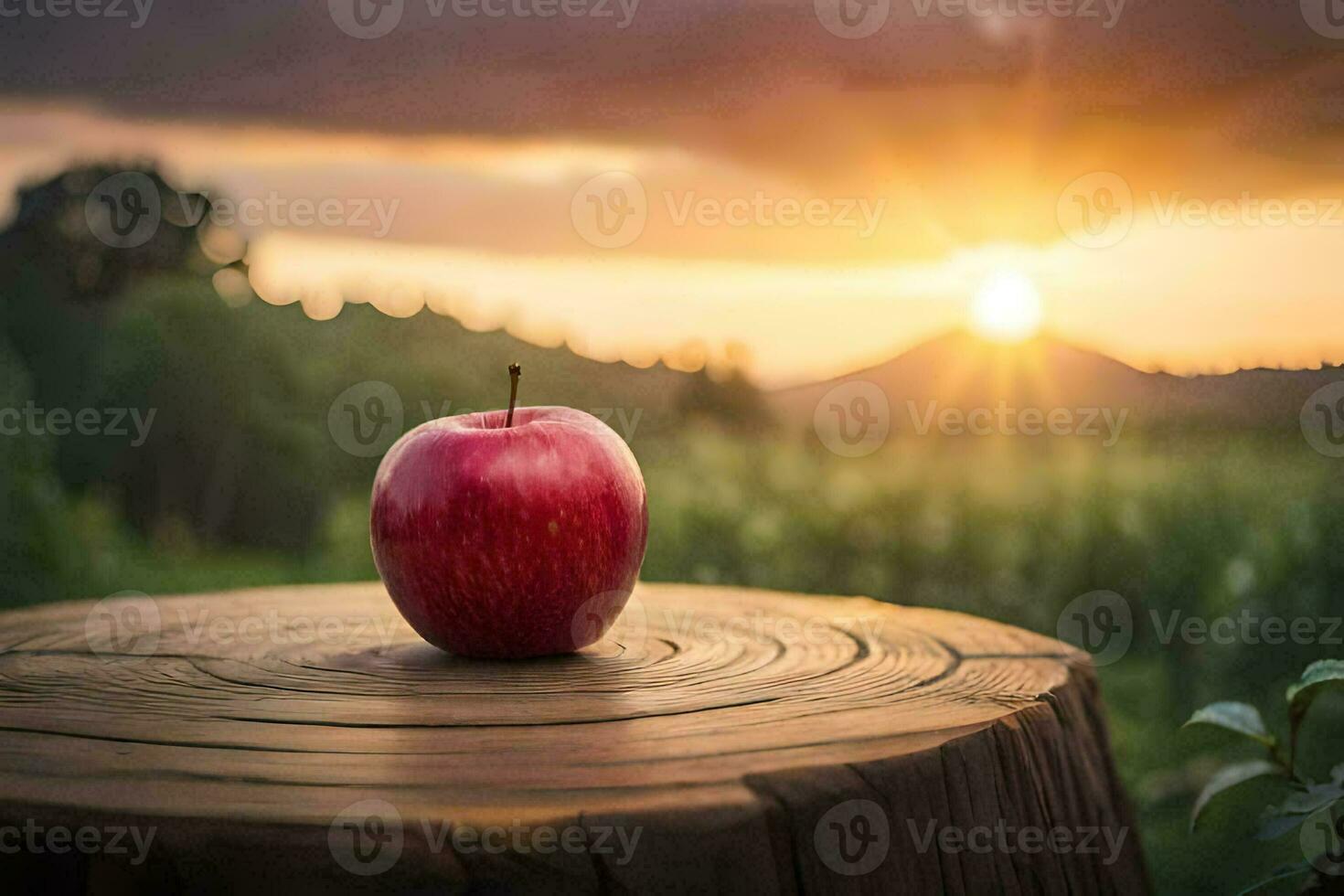 an apple sits on top of a stump in front of a sunset. AI-Generated photo