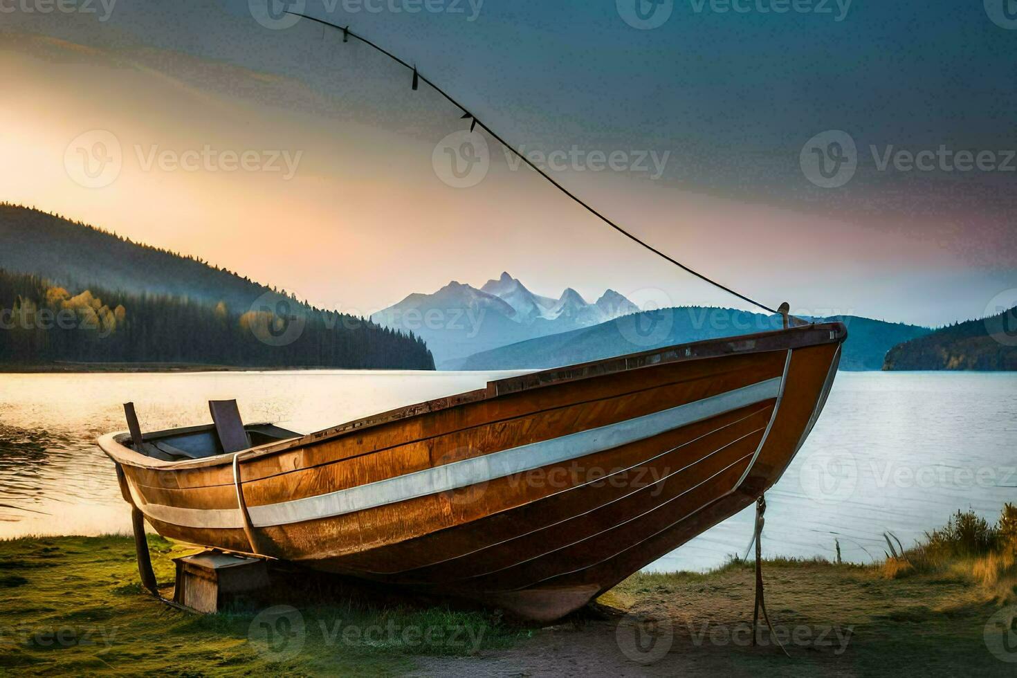 a boat sits on the shore of a lake at sunset. AI-Generated photo