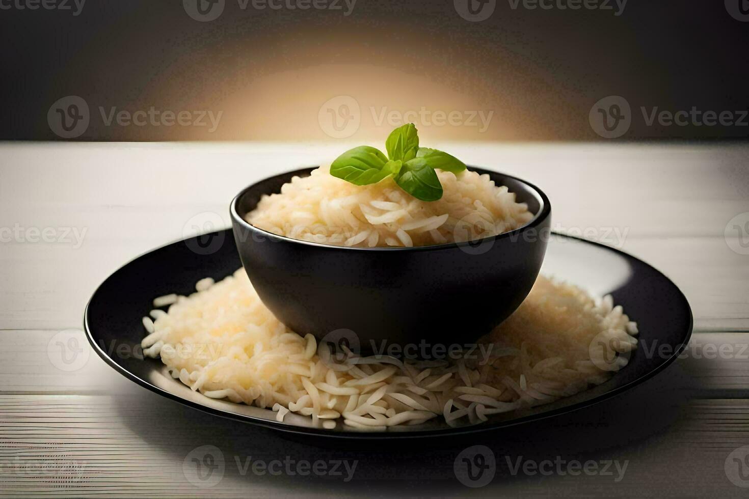 a bowl of rice with a leaf on top. AI-Generated photo