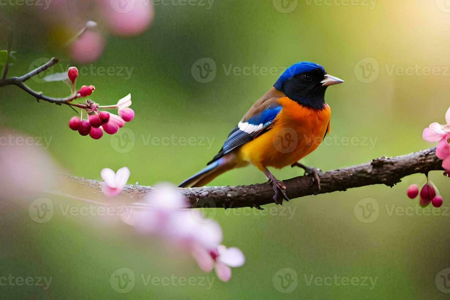 a colorful bird sits on a branch with pink flowers. AI-Generated photo